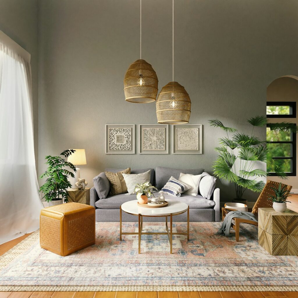 A softly lit living room with layered textiles, comfortable seating, a woven rug, and warm lamps.