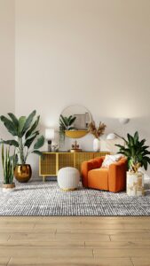 A bright living room with mismatched furniture, an undersized rug, cluttered surfaces, and poorly placed curtains.