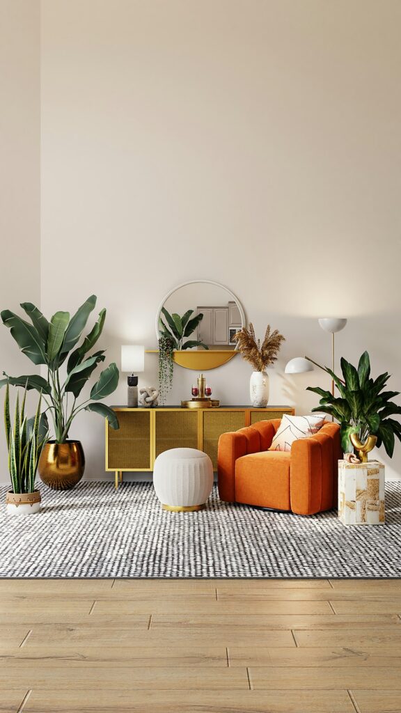 A bright living room with mismatched furniture, an undersized rug, cluttered surfaces, and poorly placed curtains.